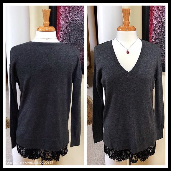 TOPSHOP GREY BLACK LACE V-NECK TUNIC SWEATER - Picture 3 of 8